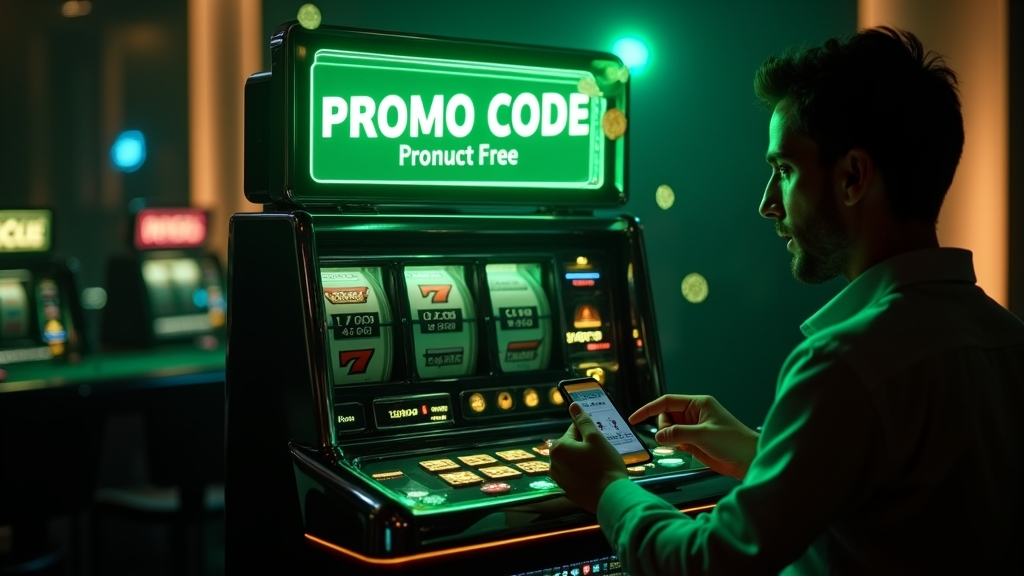 A player viewing a glowing promo code panel in a dark casino setting