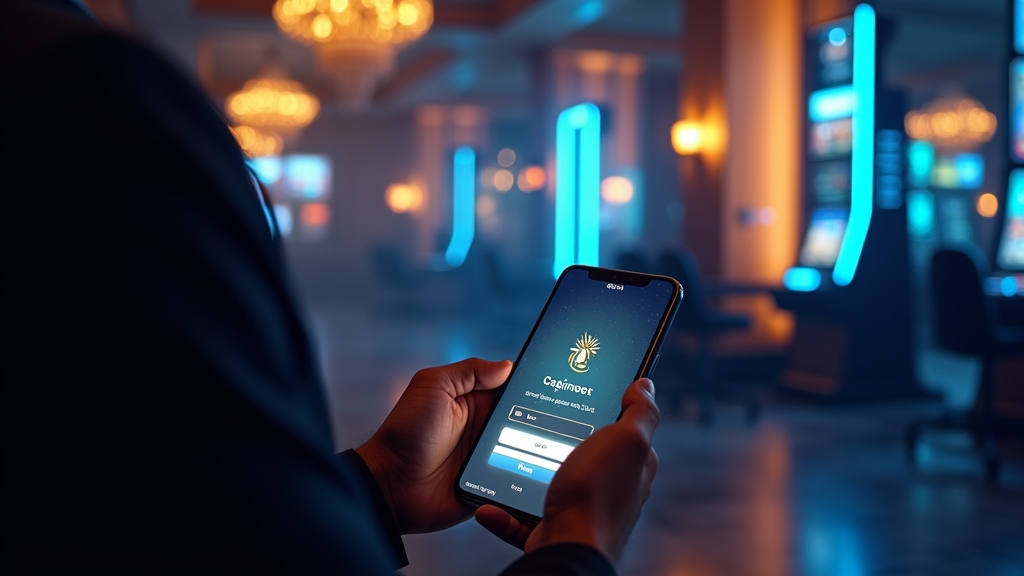 Player entering login details on a glowing casino screen in a dark neon lobby