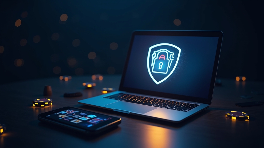 Secure phone and laptop beside a glowing shield in a dark casino scene