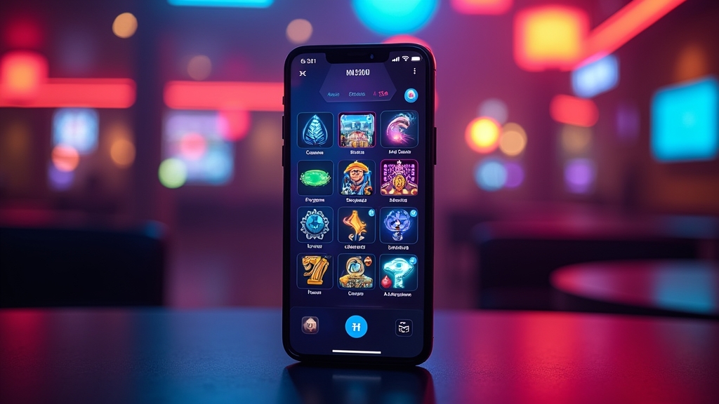 Mobile casino app interface shown on a smartphone in a dark casino scene