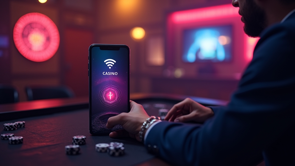 Smartphone with battery and signal icons in a dark casino gaming scene