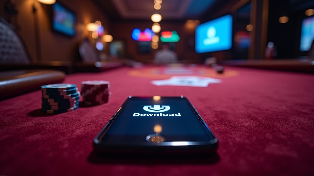 Smartphone showing a casino app download screen in a dark neon setting